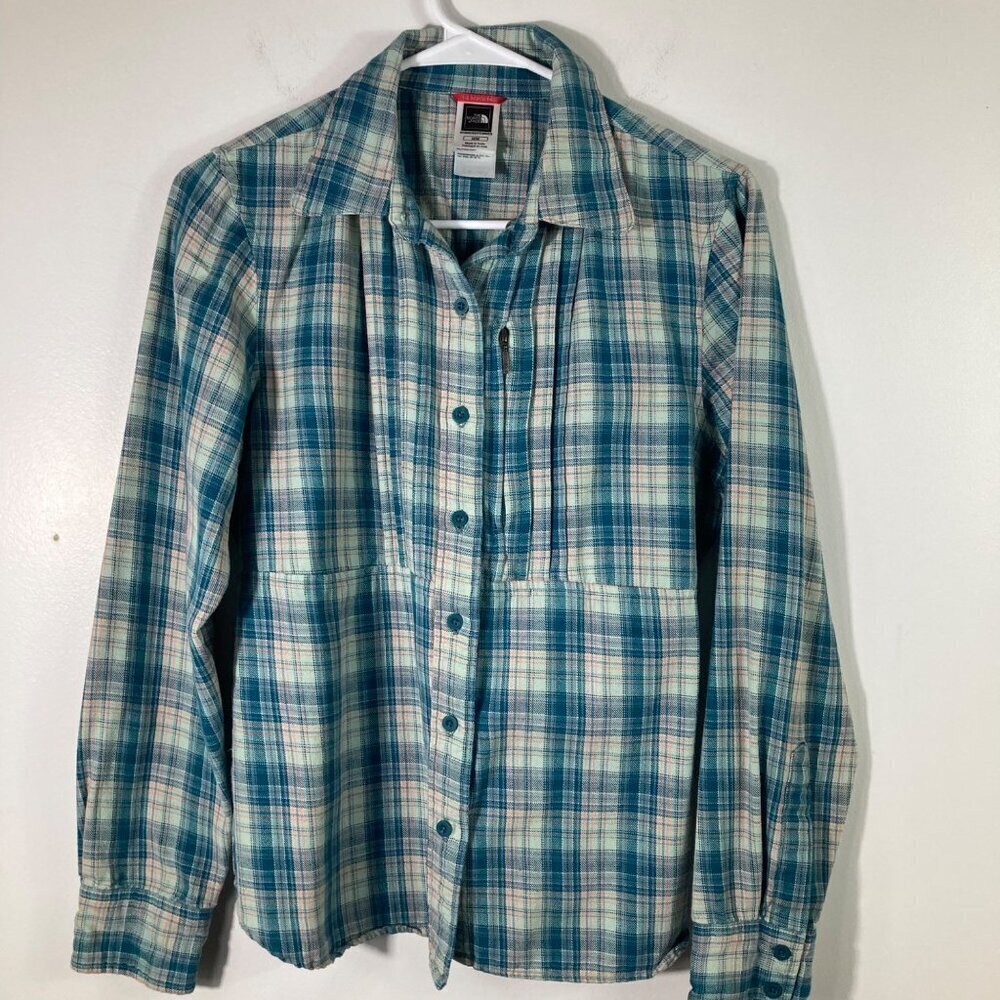 Womens The North Face Long Sleeve Plaid Flannel‎ Button Shirt Teal M